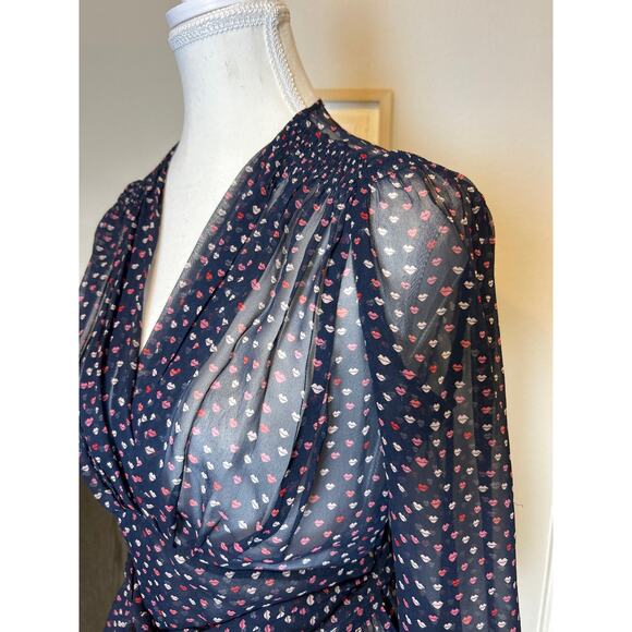 Kate Spade | Navy Blue Lips Pattern Tie Waist Silk Blouse | Size 0 - Picture 7 of 17